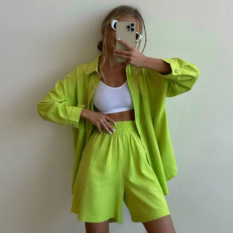 2024Summer New Solid Color Single-Breasted Long Sleeve Lapel Shirt Shorts Loose Fashion Casual SuitWlj