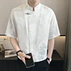 Vintage Harajuku Blouses Men Satin Shirt Dragon Totem Print Streetwear Button Up Short Sleeve Shirts Chinese Style Tops Unisex 1