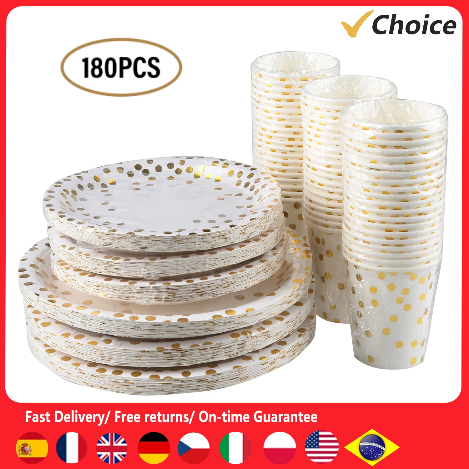 60pcs 9oz Paper Cups+60pcs 7-inch Plates+60pcs 9-inch Plates Set of 180pcs Disposable Drinkware & Dishware with Golden Plates