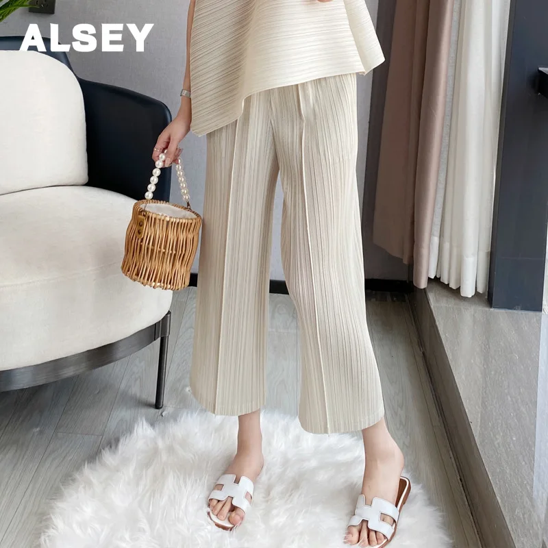 

ALSEY Miyake Pleated Women's Summer New Thin Section Casual Wide-leg Pants Slim High-waisted Draping Straight Radish Harem Pants