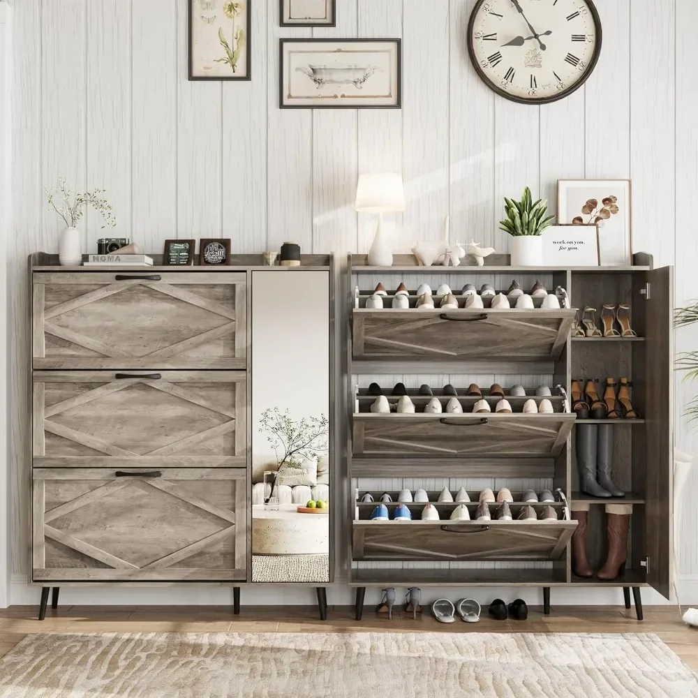 Freestanding Shoe Organizer with 5 Wooden Legs, Slim Shoes Rack Cabinet, Shoe Storage Cabinet with 3 Flip Drawers & Mirror 3