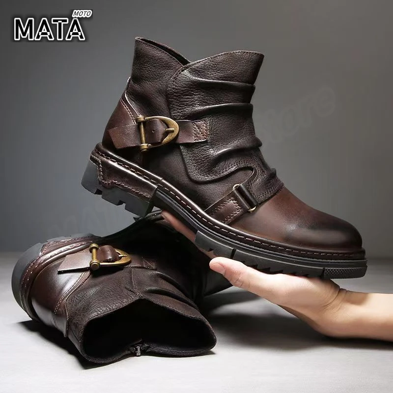 Retro Men's Motorcycle Leather Boots British Style Round Head High Top Casual Platform Moto Street Gear motorcycle shoes,motorcycle boots