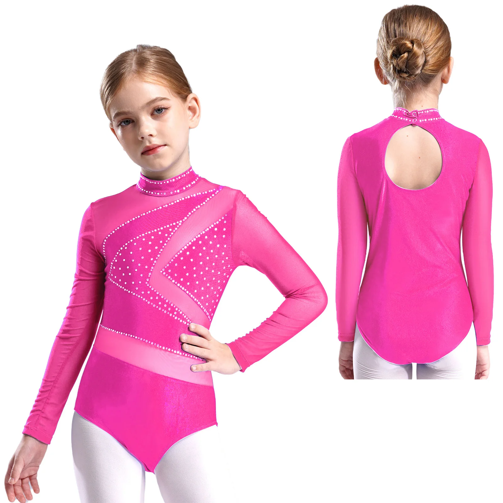 thumbnail image 1 of Leotardo de malla transparente de manga larga con diamantes de imitación brillantes para niños y niñas, gimnasia, patinaje artístico, baile de Ballet, 1 of 5