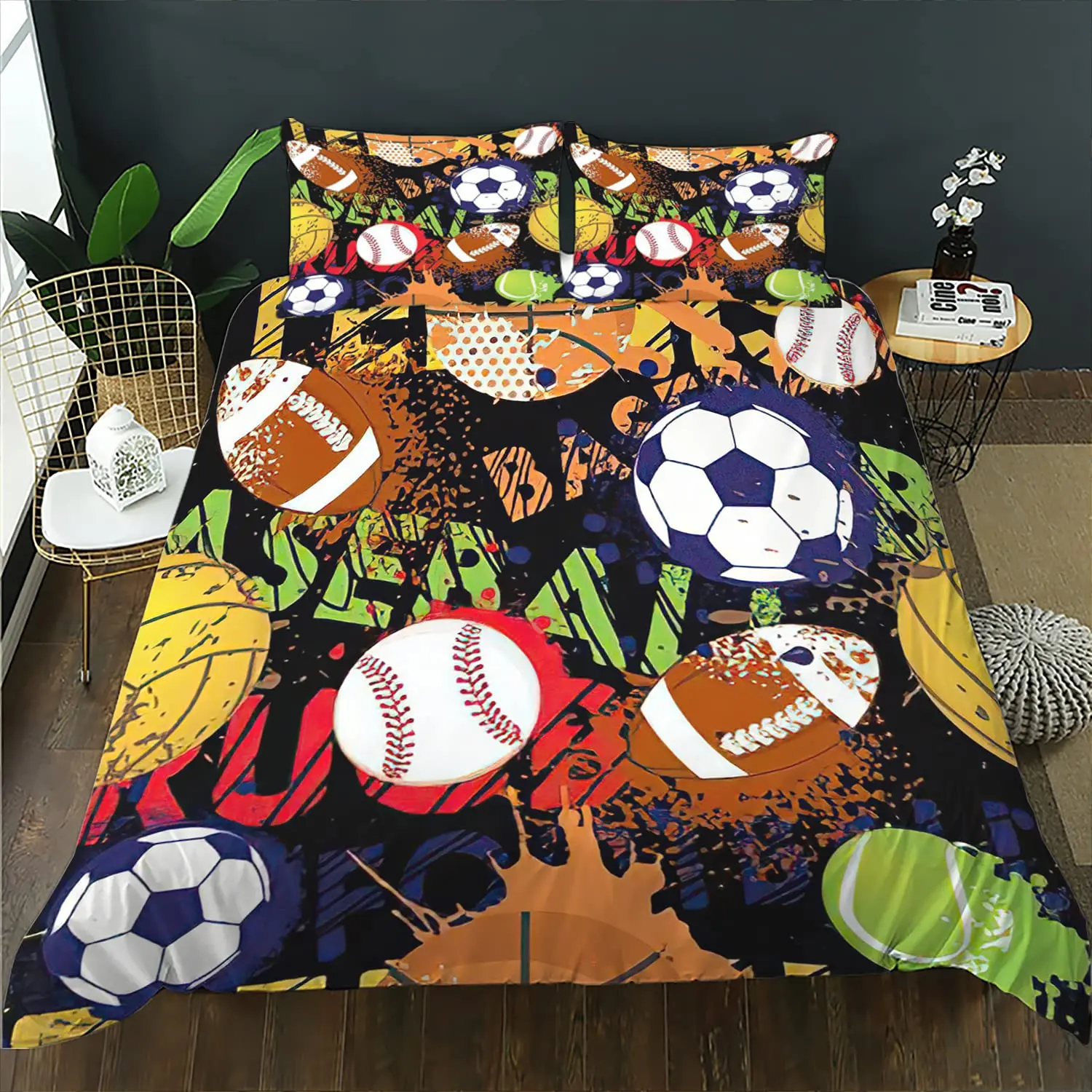 Blue Flame Soccer Duvet Cover Set Children Boys 3D Printed Football Quilt Cover Sets with 2 Pillowcases with Zipper Queen Size 5