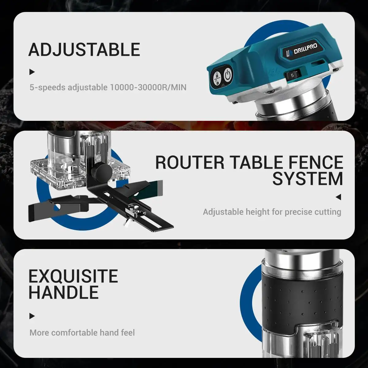 Drillpro 5 Speeds Brushless Electric Trimmer Machine Cordless Wood Router Woodworking Engraving Slotting for 18V Battery