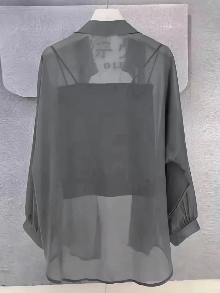 Plus Size Women’s Tops 2025 Summer Breathable and Sun-Proof Ice Silk Button Thin Loose Sheer Chiffon Blouses Shirts Long Sleeve