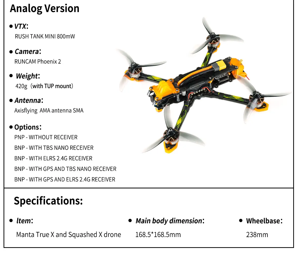 Axisflying MANTA5", Analog Version VTX: RUSH TANK MINI 80OmW Camera