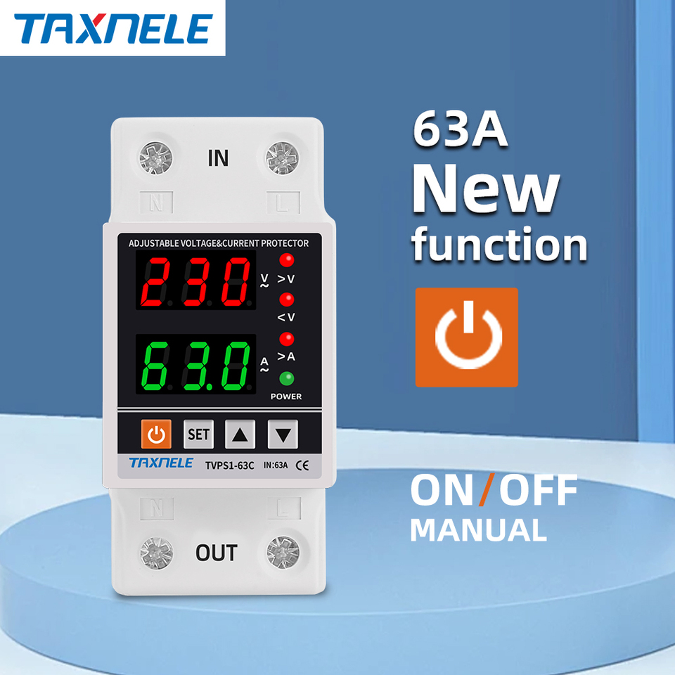 Colour Din Rail Dual Display Adjustable Over Voltage Current and Under Voltage Protective Device Protector Relay  63A  220V 230V