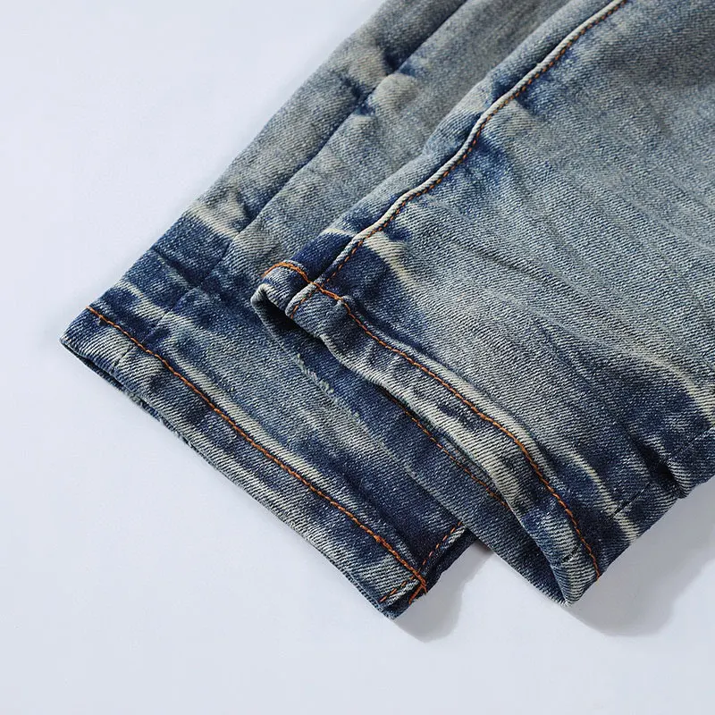 High Street Fashion Men's Jeans Light Blue Vintage Washed Elastic Tight Split Jeans Designer Hip Hop Brand Pants hombre