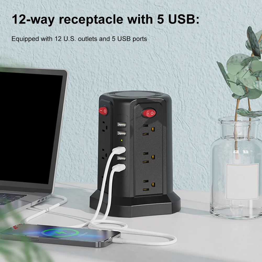 미국형 멀티탭 12구 콘센트 5개 USB 포트 포함 1250W 10A 범용 소켓 1.8m 연장 코드 가정 및 사무실용
