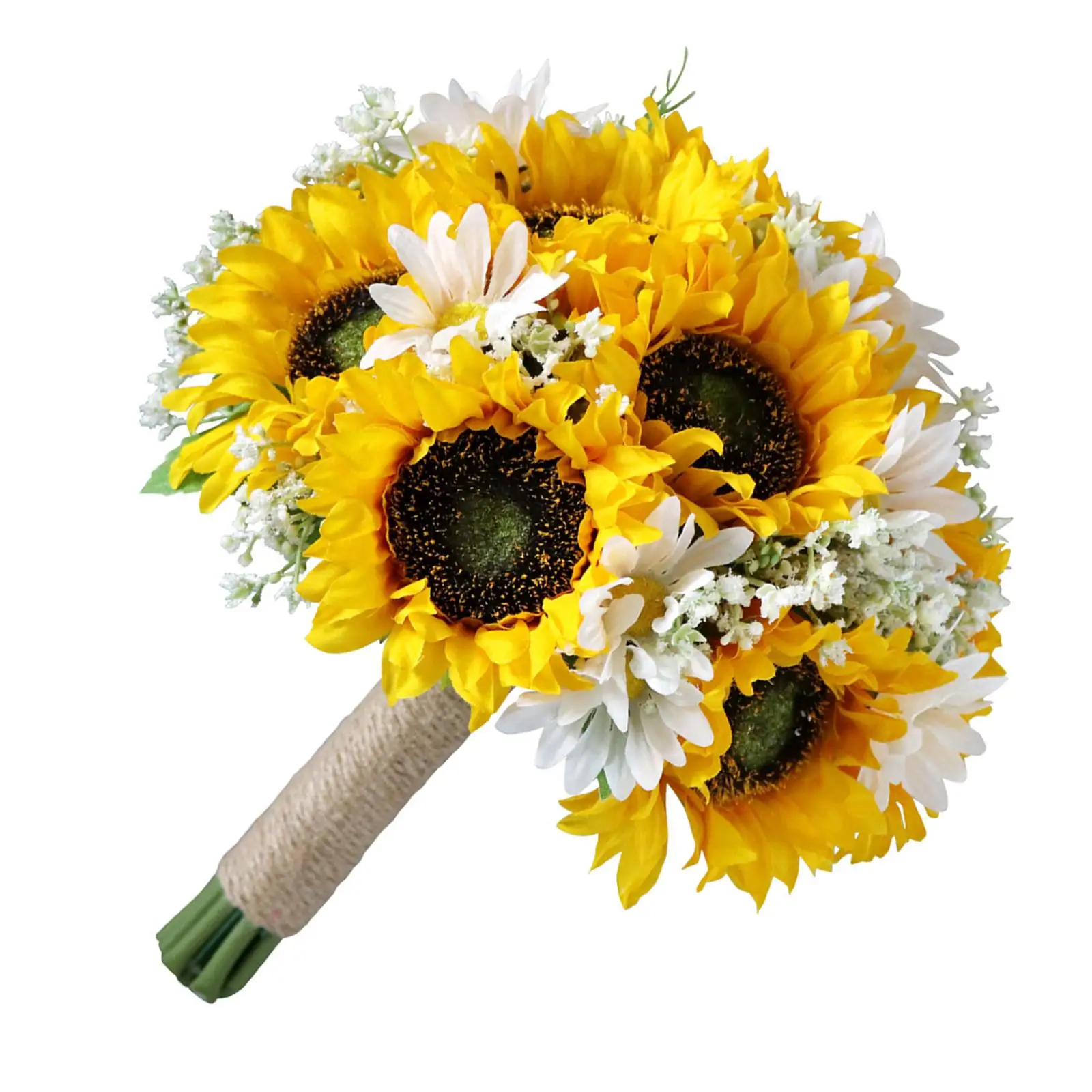 Romantic Wedding Bride Hand Bouquet with Linen Rope Sunflowers Artificial Flowers for Anniversary Ceremony Centerpiece Decor