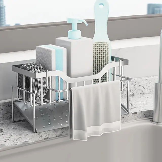 Hasznos, Könnyen Megtisztítható Mosdó Lefolyó Polc Kopásálló Tároló Rozsdamentes Acél Mosogatógép Folyékony Szivacs Munkalap Állvány - Image 4