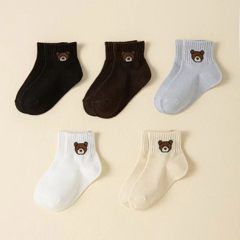 Kids Socks Cute Cartoon Bear Pattern Boys Girls Socks Comfortable for Toddler 5 Pairs
