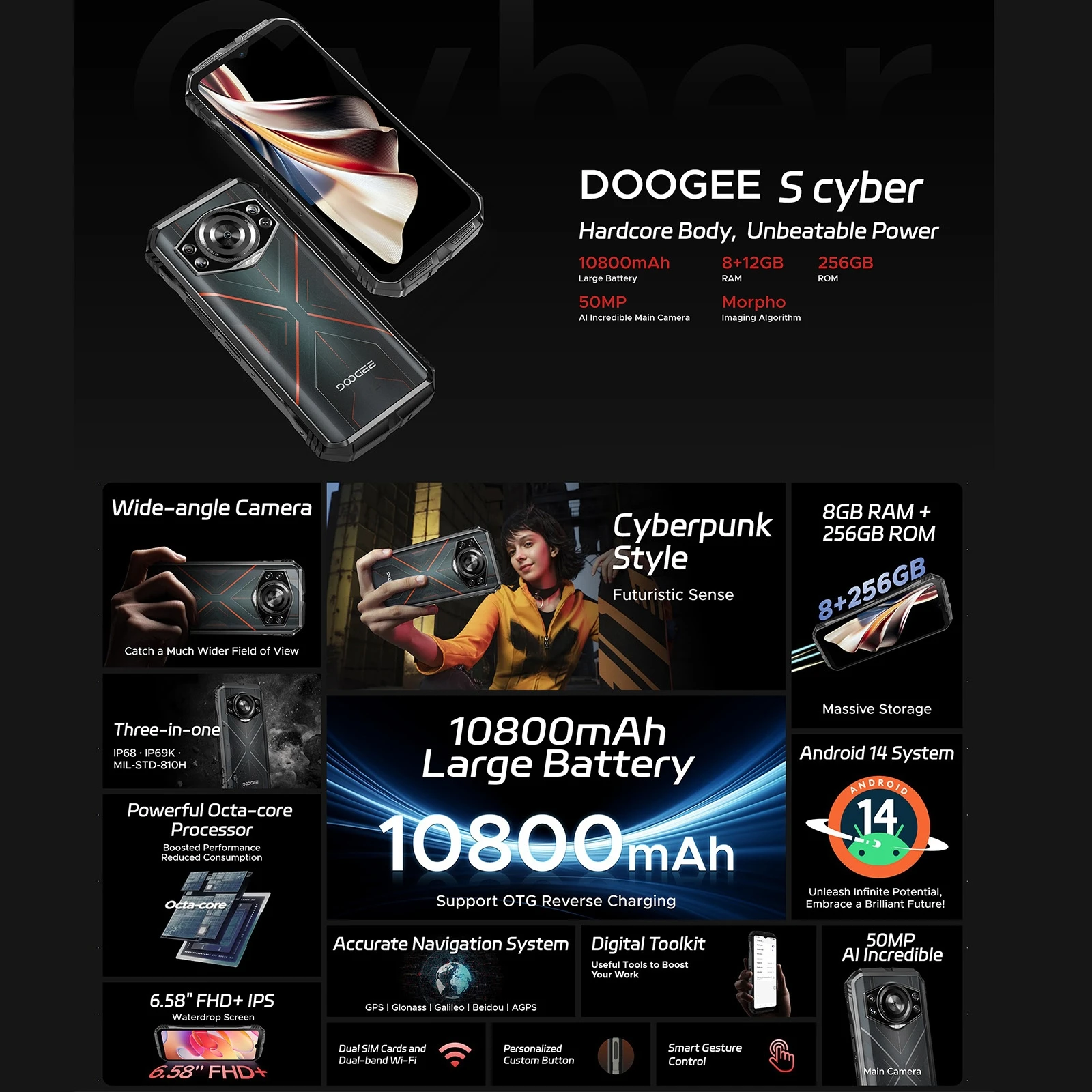 DOOGEE S Cyber Rugged Phone 6.58'' Android 14 Spreadtrum T606 8GB+256GB 10800mAh 50MP Main Camera 4G NFC Smartphone 2