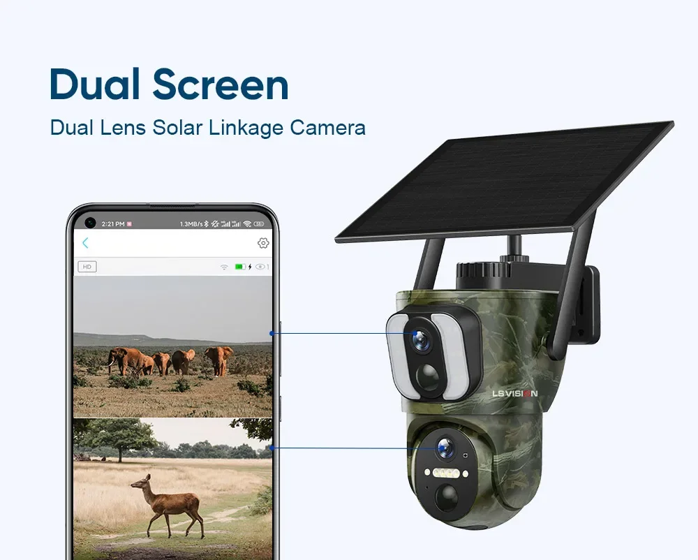 LS VISION 8MP Dual Screen Solar Security Camera 4K 4G/WiF Solar Monitor Camera P