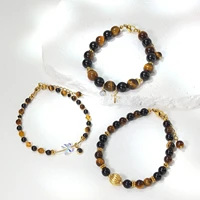 Lii Ji Natural Stone Black Tourmaline Tiger's Eye 4-8mm Stainless Steel 14K Gold Filled Bracelet Handmade  Jewelry For Female