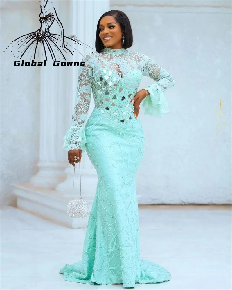 

Mint Green High Neck Long Prom Dress For Black Girls Beaded Birthday Party Dresses Sequined Formal Gown Lace Mermaid Robe De Bal