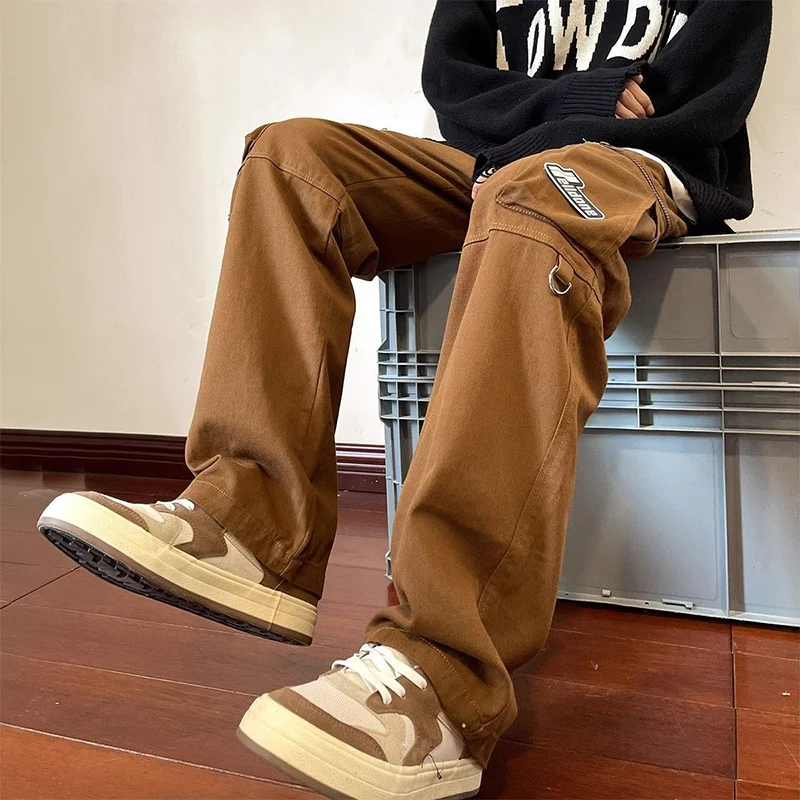 Spring Autumn Male Loose Casual Pockets Straight Cargo Pants Ladies Elastic Waist All-match Trend Fashion Vintage Trousers Men