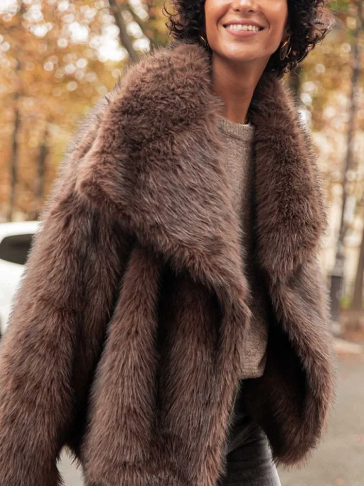 Women's Brown Long Sleeved Buttons Faux Fur Coat Winter Thick Warm Fury Turn-down Jacket Female High Street Outerwear 2024 3