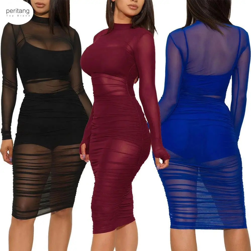 

Women Solid Mesh See Through Design Ruched Lining Dress Stretch Sexy & Club Black Night Out Bodycon Dress+ Vest +Short 3pcs Set