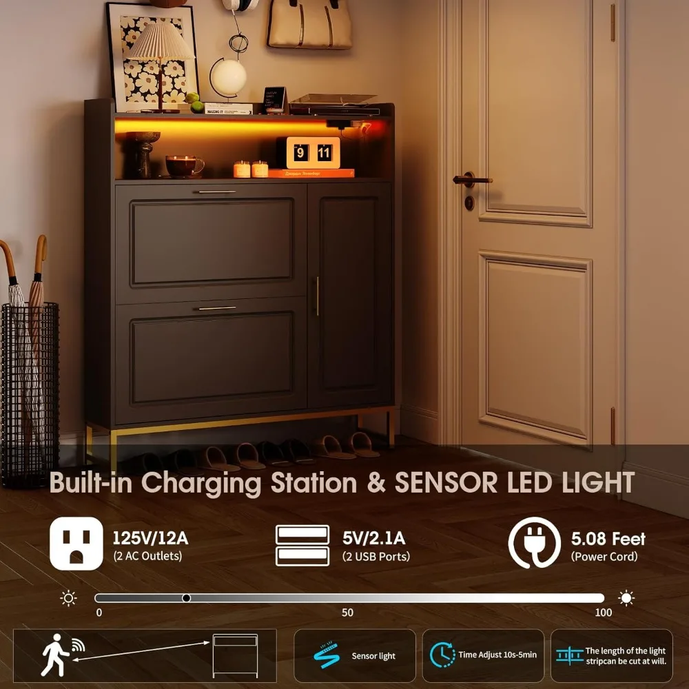 Shoe Storage Cabinet with 2 Flip Drawers & Side Cabinet Shoe Rack Organizer with LED Light and Charging Station Shoes 6