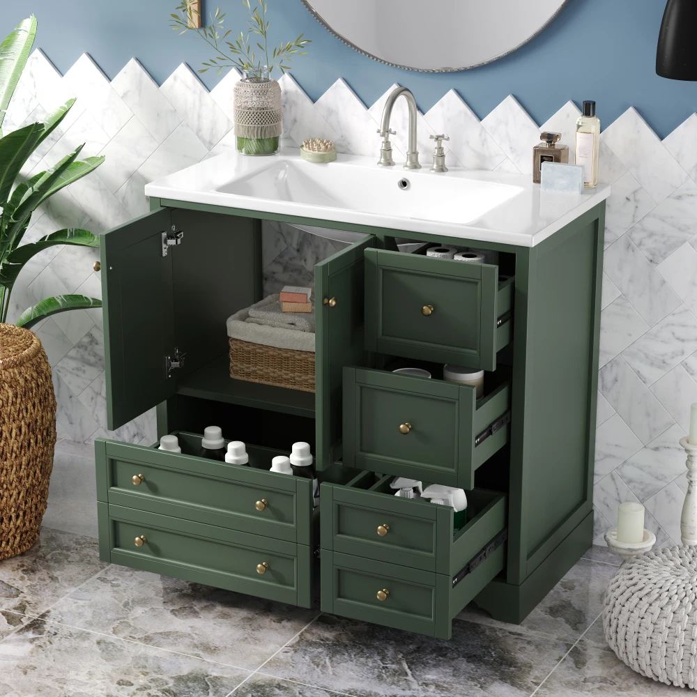 36inch Bathroom Vanity with Sink,  Solid Wood Freestanding Bathroom Vanities with 4 Storage Drawers and Shelf, Soft Closing Door 3
