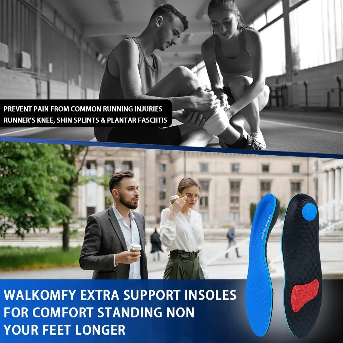 Walkomfy Plantar Fasciitis Insoles Arch Support Orthotic Inserts For Running/Standing All-Day Comfort,Work Boot Insole Women Men
