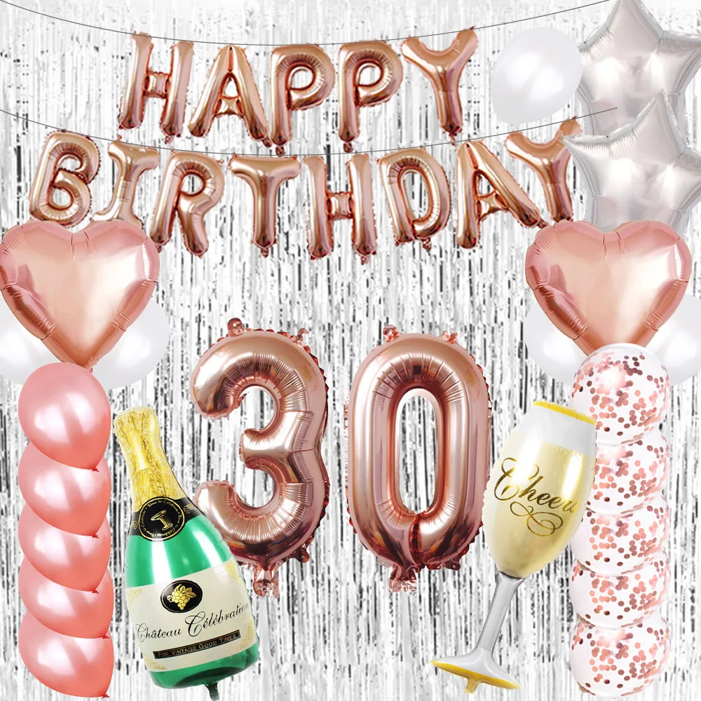 20 번째 생일 축하 풍선 세트, 실버 소녀 장식 배경, 로즈 골드 배너, 파티 용품 풍선 키트