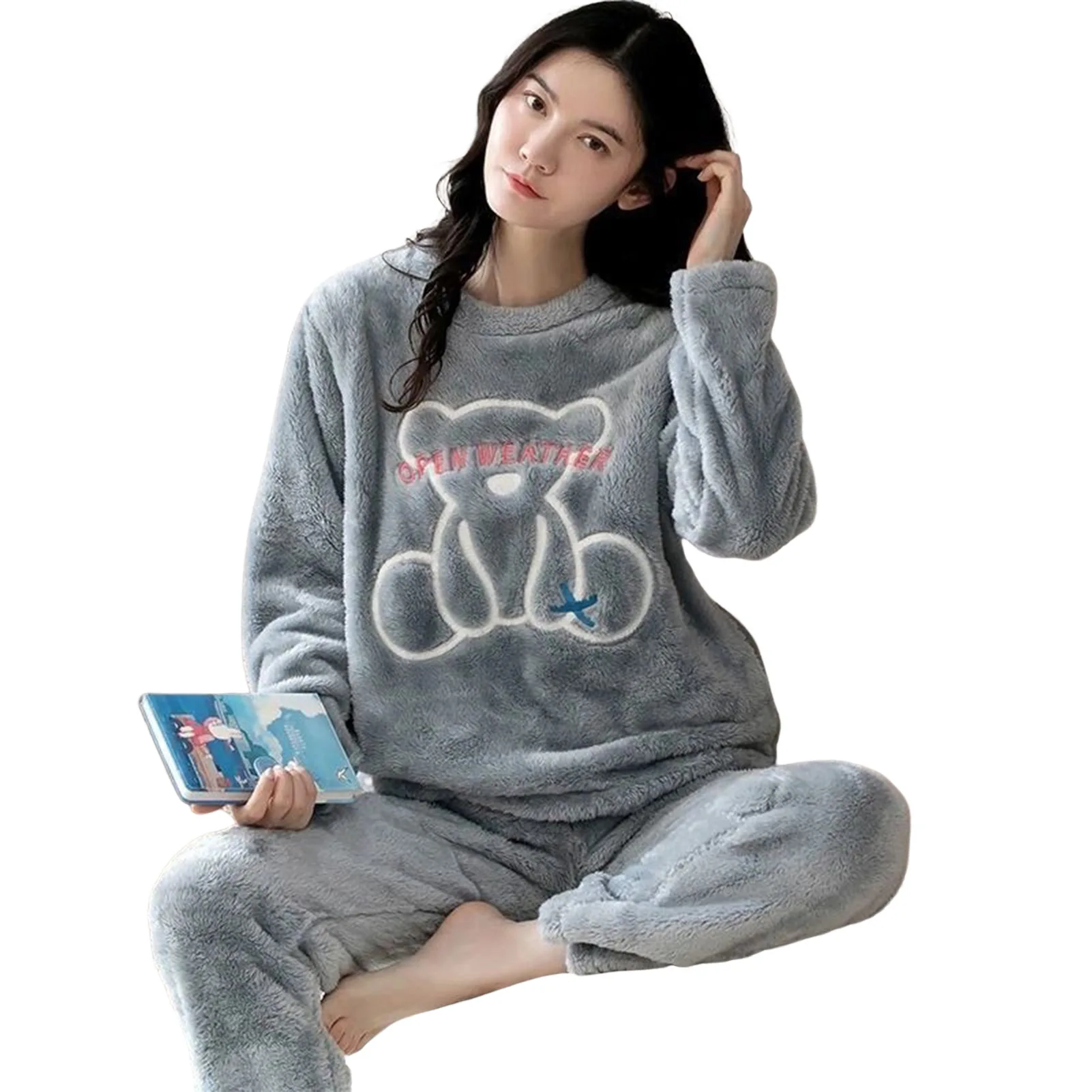 

Women Winter Warm Pajamas Cute Printed Long Sleeve Nightwear Top and Pants Set for Sleepwear Party