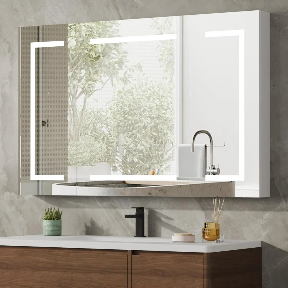 Medicine Cabinet with LED Mirror for Bathroom, 30''x48'' Aluminum, Wall Mounted Surface led Medicine Cabinet, Defog,