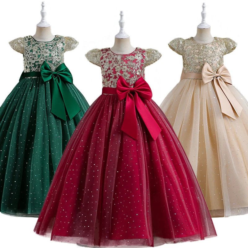

Formal Luxury Girls Long Embroidered Gown Elegant Children Sequin Flower Bridesmaid Wedding Party Graduation Ceremony Dresses