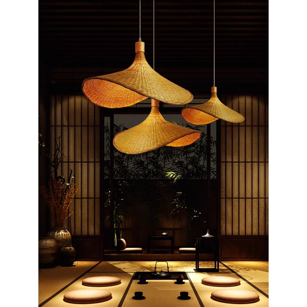 

Bamboo staircase chandelier tearoom Zen living room Japanese restaurant retro lamp homestay straw hat woven lamps