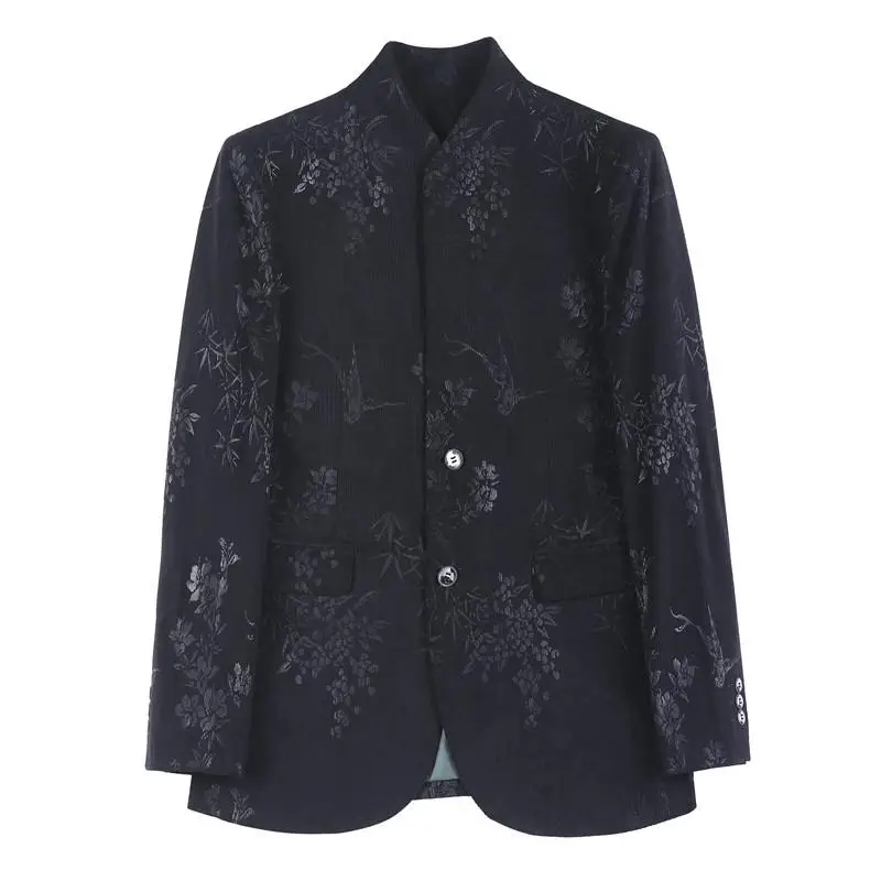 High Quality Floral Blazer Jacket Mens Clothing Business Casual Elegant Men's Blazers Stand Collar Slim Fit Suit Coats Male