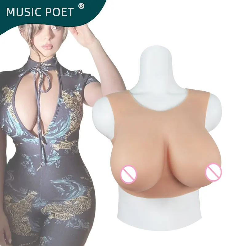 

MUSIC POET Silicone Breast Forms For Crossdresser Drag Queen Realistic Fake Boobs Round collar Breastplat Transgender Shemale