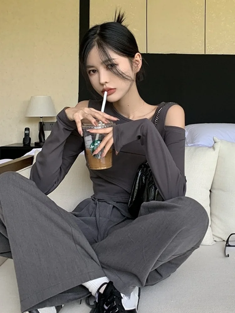2025 オフショルダー作物 Tシャツ女性 Y2k ファッション中空