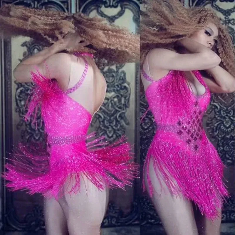 5 Couleur Costume Nightclub Bodysuit Rave Outfit Sparkly Rhinestones Tassel Stretch Sleeveless Women Show Leotard dance dress rhinestones dress women costume set