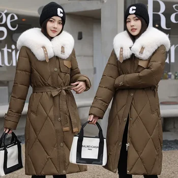 2023 New Arrival Women s Mid length Down Coat with White Fur Collar Slim Fit Fashionable Over the Knee Waist Defining Outerwear