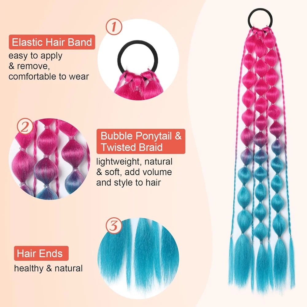 24 Inch Synthetic Ponytail Extension Corlorful Bubble Braid Long Lantern Braided Ponytail Hair Tie Straight Hairpieces for Women