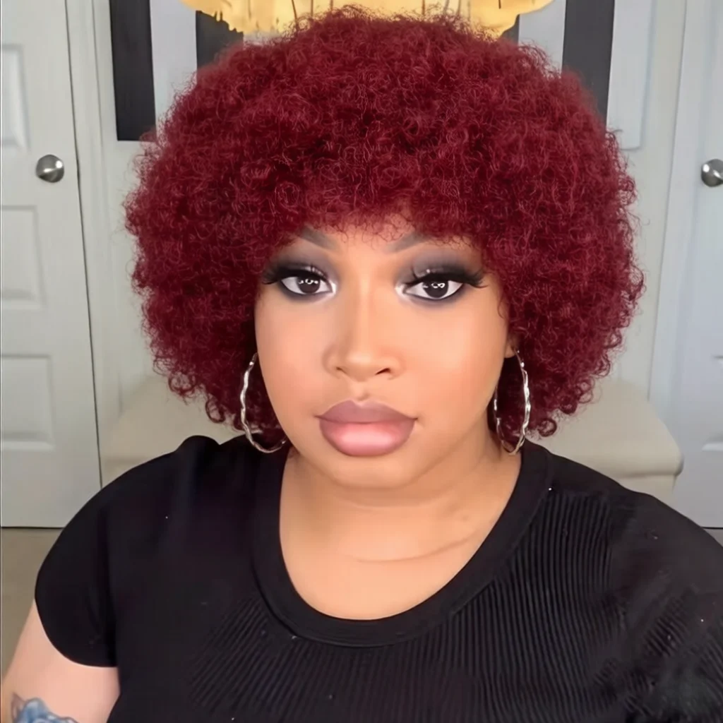 인모 아프로 가발, 여성용 짧은 곱슬머리 픽시컷 가발, 레미 인모, 내추럴 블랙 풀 머신메이드