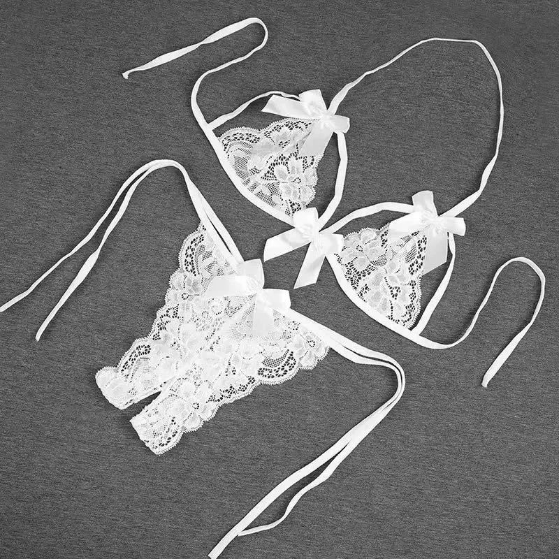 Women Lingerie Detachable Three Point Two-piece Set Sexy Open Crotch Mini Panties Seductive Lace Thong Strap Underwear