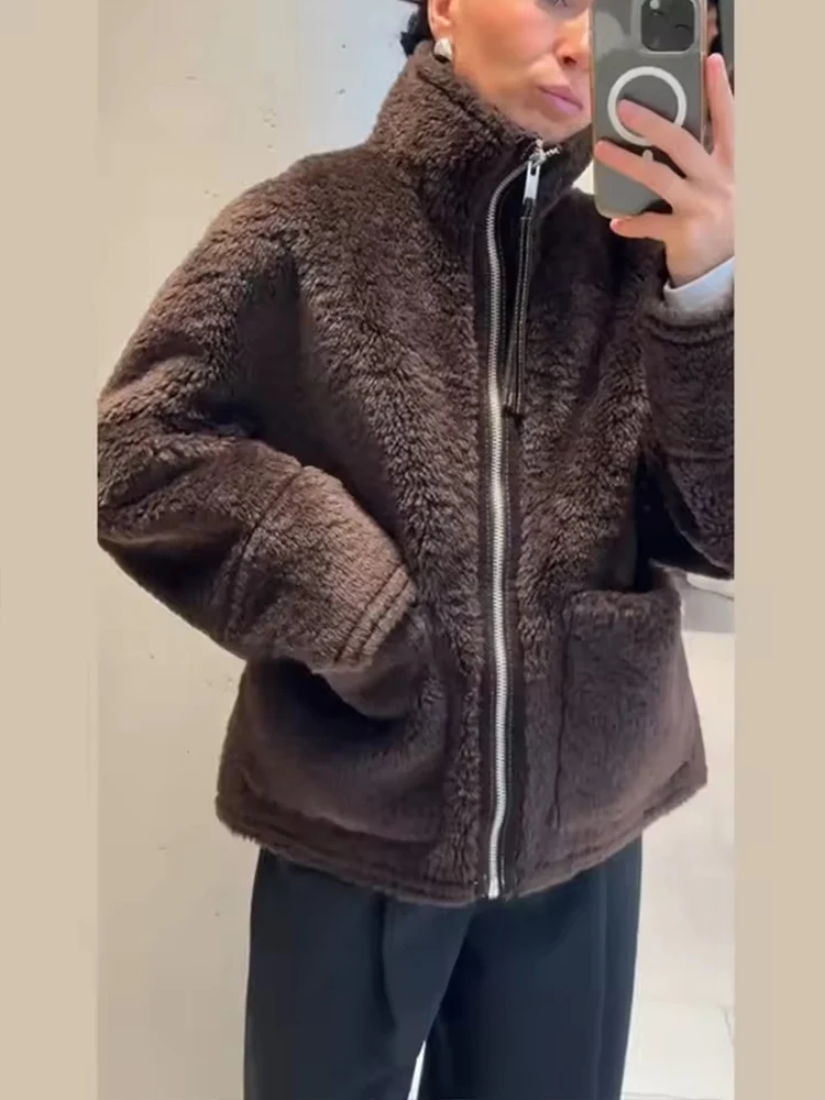 Winter Fleece Women's Jacket Zipper Stand Collar Loose Thickened Jackets Coat Women Autumn Warm New Casual Trendy Outerwear ﻿