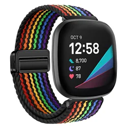 Sporty Nylon Braided Loop Strap - Magnetic Breathable Bracelet Wristband Belt Accessory - Fitbit Sense 2 (Black rainbow)