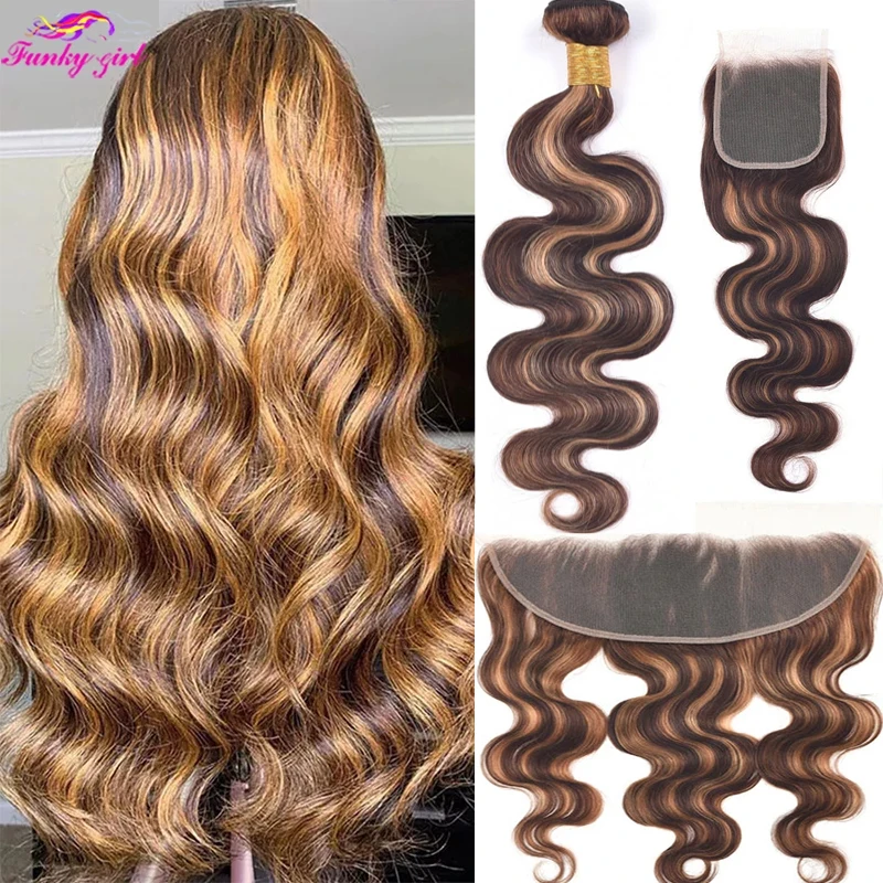 

Funky Girl Highlight Colored Peruvian Body Wave Hair Bundles With Frontal P4/27 Remy Hair 100% Human Hair Bundles With Closure