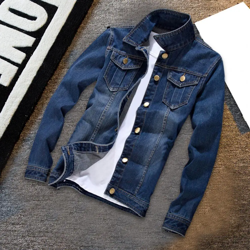 

Stylish Men Jeans Coat Vintage Lapel Washed Slim Fit Turndown Collar Jeans Jacket Male Denim Coat Streetwear