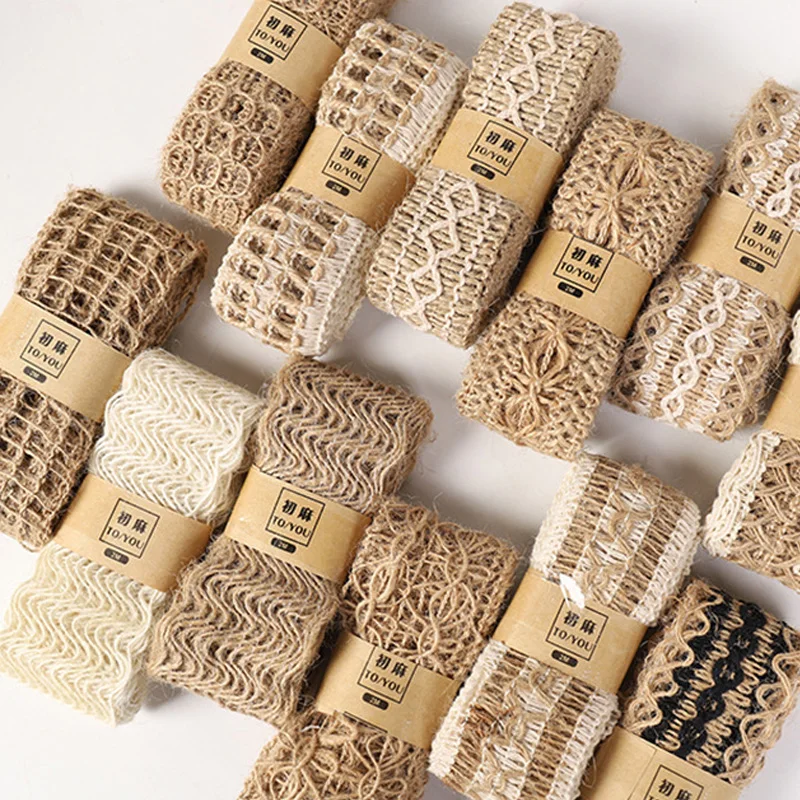 2M Jute Burlap Ribbon Embroidered Jute Lace Ribbons Wedding Decoration Gift Packaging Rope String Cords Christmas Party Supplies