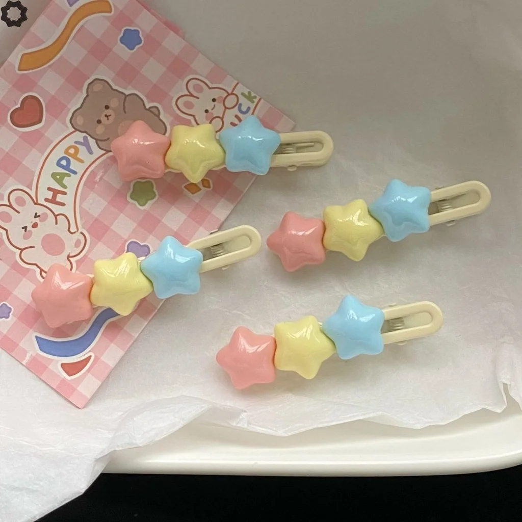 2pcs Pink Star Pentagram Hair Clip Jelly Crystal Sweet Hairpin Duckbill Clip Headwear Aesthetics Y2k Harajuku Hair Accessories akko 3098b doraemon rainbow akko cs jelly pink