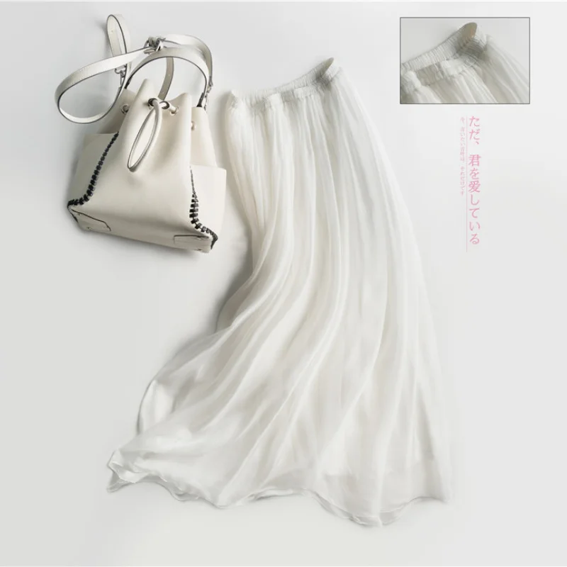 

Юбка женская трапециевидная шелковая, элегантная длинная юбка из тутового шелка, с поясом на резинке, черная Тюлевая, на лето