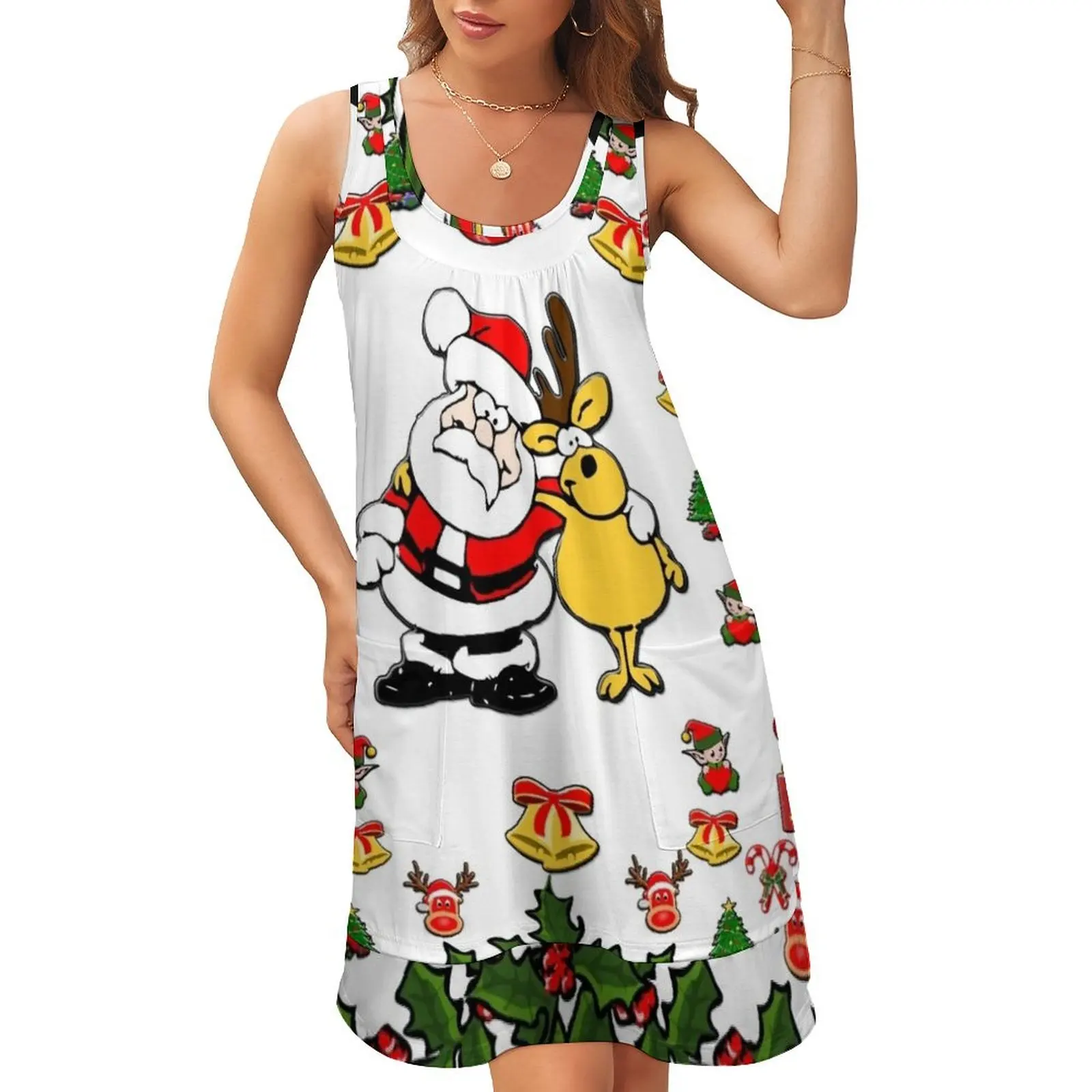 

Christmas Santa Claus and Reindeer Sleeveless U-Neck Fake Two Piece Dress luxury evening dresses for women 2024