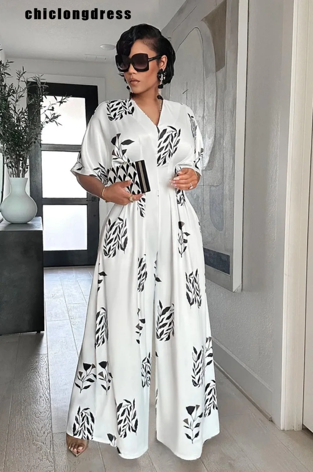 

Autumn Fashion Printed Jumpsuit Women Casual V-neck Bat Sleeve High Waist Wide Leg Pants Jumpsuit Women