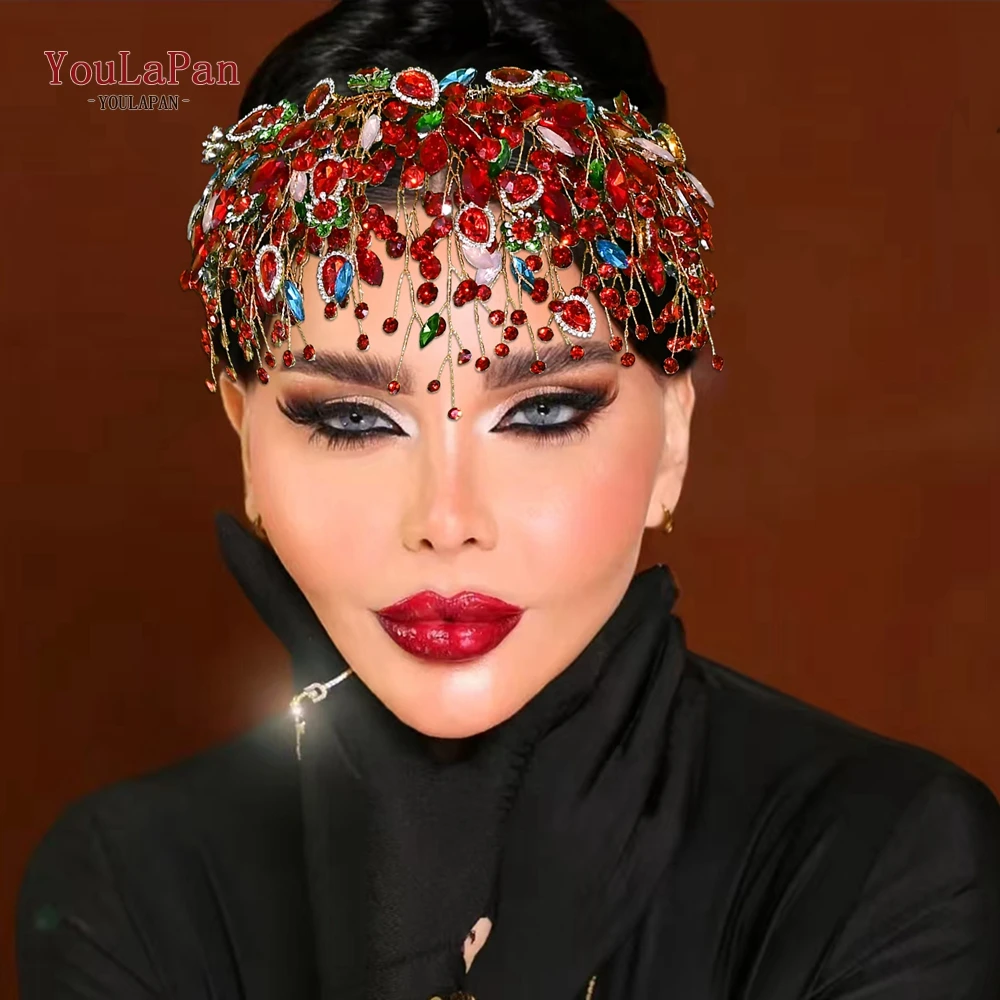 YouLaPan 럭셔리 레드 컬러 라인스톤 신부 크라운 헤어 후프 액세서리 여성 웨딩 파티 연회 티아라 헤드피스 HP861